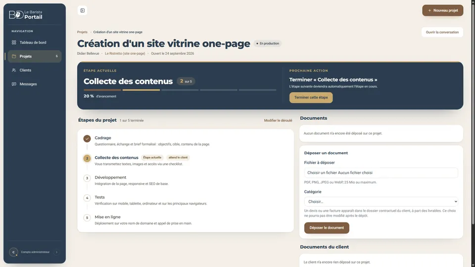 Le Barista Portail — suivi de projet, vue admin desktop