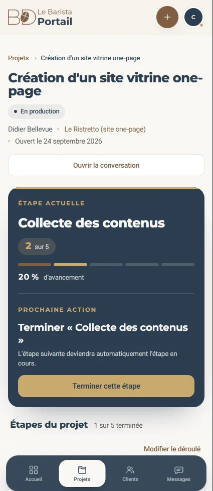 Le Barista Portail — suivi de projet, vue admin mobile